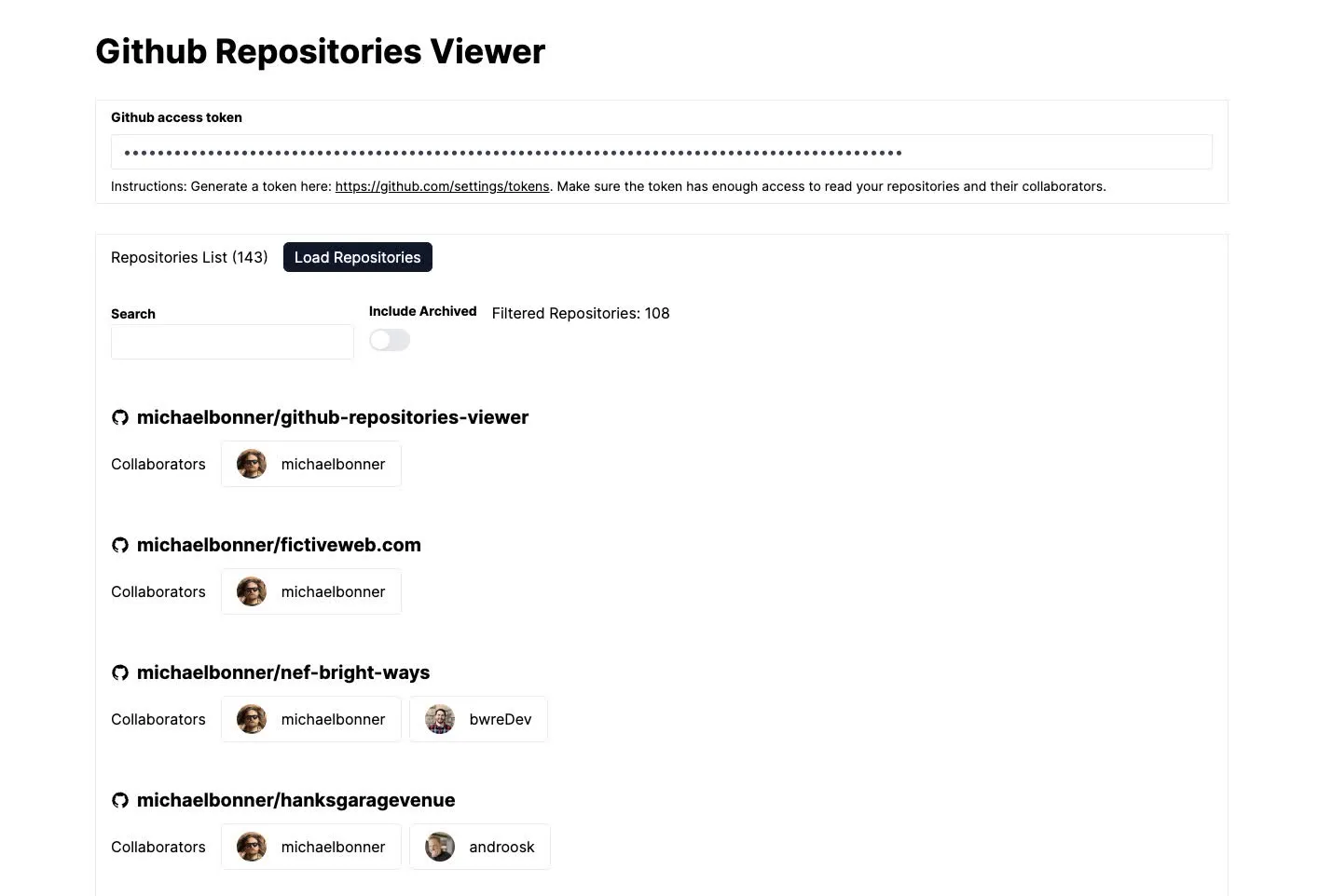 Screenshot of the GitHub Repositories Viewer app